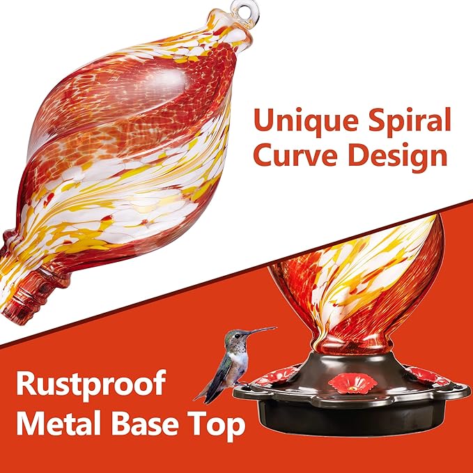 LUJII Ice Cream Shaped Spiral Hummingbird Feeder, Hand Blown Glass, 28 fl.oz, Leak Proof & Rustproof, Includes an Ant Moat for Outdoors Hanging, Unique & Stylish Garden, Outside & Backyard Decor (Red)-VerdiqueGarden