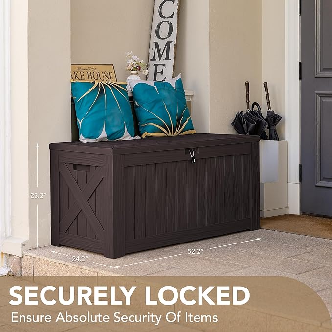 Devoko 120 Gallon Deck Box Resin Outdoor Storage Box Waterproof for Patio, Large Outdoor Storage Bench Lockable for Outside (Deep Brown)-VerdiqueGarden