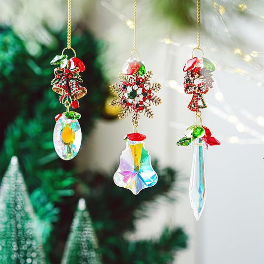 3 Pack Crystal Christmas Ornaments, Glass Rainbow Rhinestones Sun Catcher Prisms with Christmas Wreath Snowflake Bells,Suncatcher Hanging Crystal Pendants for Window Christmas Home Decor-VerdiqueGarden