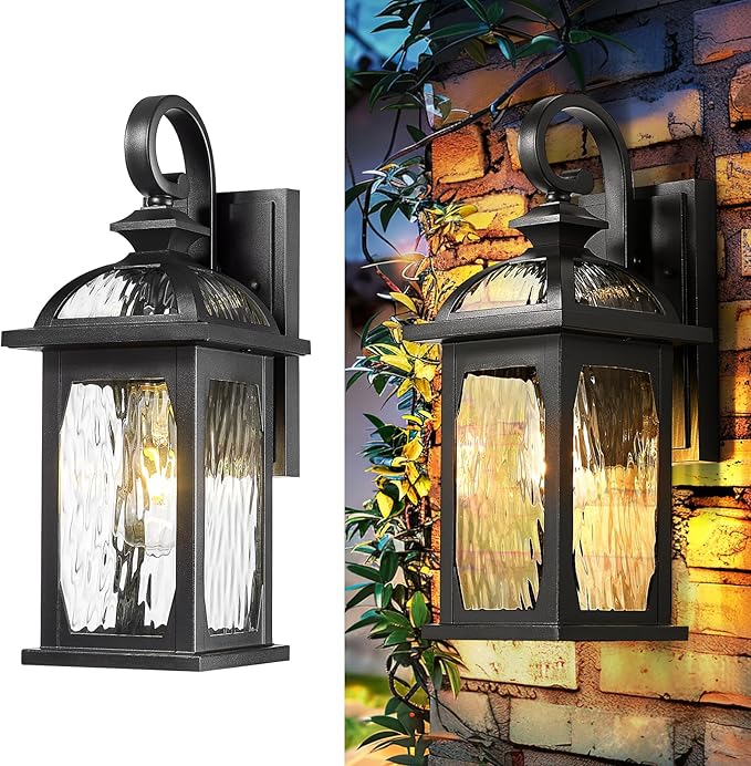 zeyu 15 Inch Outdoor Wall Lights Exterior, Outdoor Patio Light Fixture for Garden Porch, Die-Cast Aluminum with Water Ripple Glass, Black Finish, ZD100B BK-WP-VerdiqueGarden