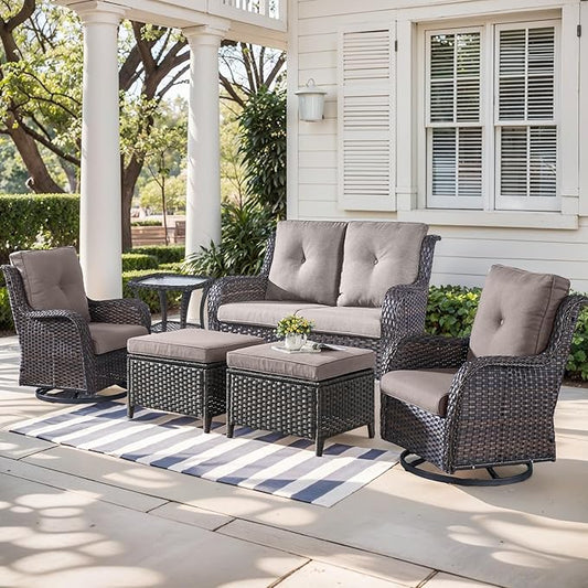 Outdoor Wicker Patio Furniture Set - 6 Piece Rattan Patio Conversation Set with 2 Rocking Swivel Chairs,2 Ottomans,1 Loveseat and 1 Side Table for Porch Deck Backyard Garden(Brown/Grey)-VerdiqueGarden