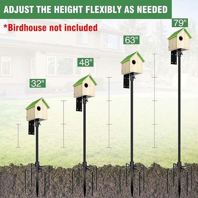 Bird Feeder Pole, 79 Inch Heavy Duty Bird House Pole Mount Kit for Outdoors, Adjustable Metal Bird Feeding Stand, with 2-Hooks, 5-Prong Base for Hanging Feeders, Black-VerdiqueGarden