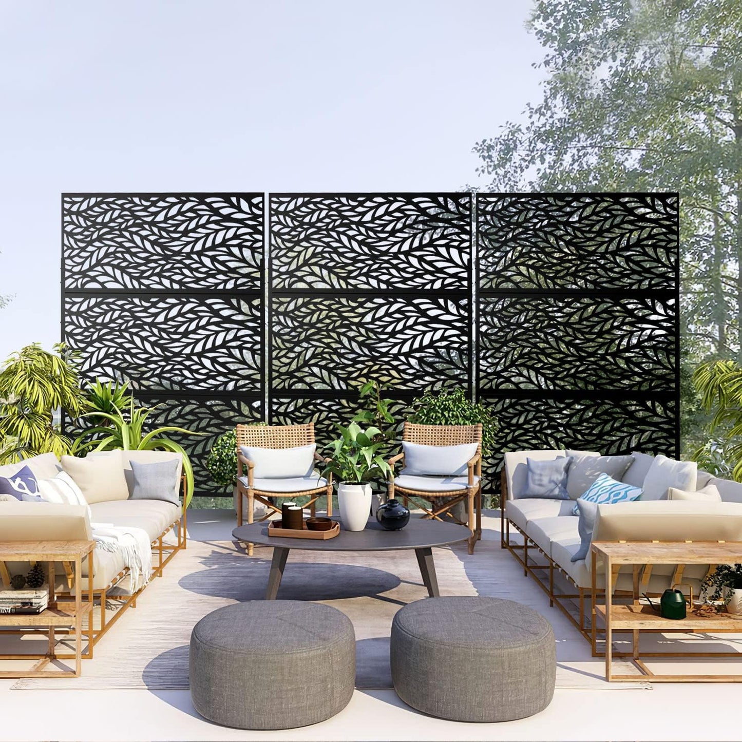 Metal Privacy Screen Outdoor 72" H×47" W,Freestanding Decorative Privacy Screen for Balcony Yard&Garden,Privacy Fence-Black&Leaves-VerdiqueGarden