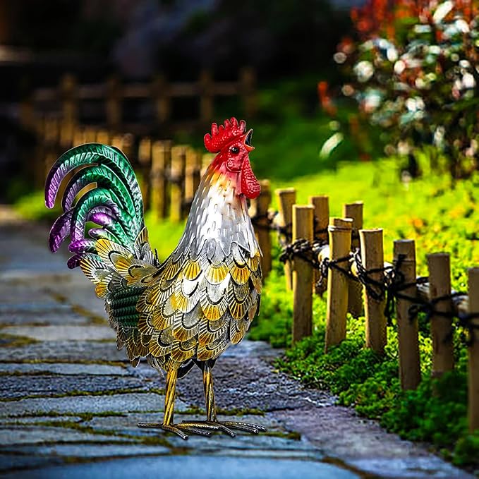 XONOR Metal Rooster Statues, Garden Chicken Decorations, Outdoor Chicken Sculpture, Metal Yard Rooster Artwork for Outdoor, Patio, Backyard and Home Kitchen Decoration (1pc, Vintage Golden)-VerdiqueGarden