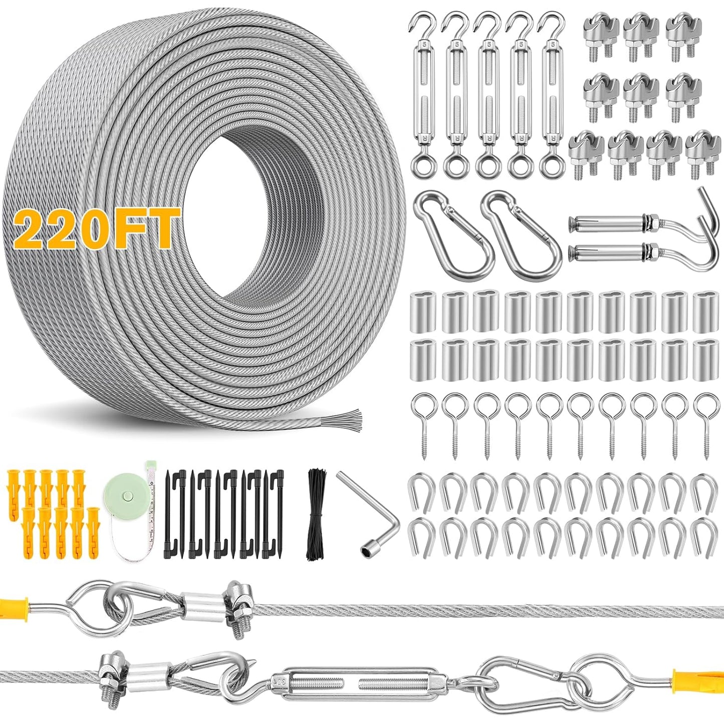 220FT 1/8" Wire Rope Kit - 304 Stainless Steel Cable with Turnbuckles for Cables Wire, Vinyl Coated Hanging Wire for Outdoor String Lights, Camping, Garden Trellis, Hanging Clothes, Pictures, Curtain-VerdiqueGarden