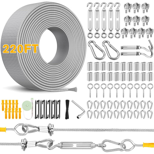 220FT 1/8" Wire Rope Kit - 304 Stainless Steel Cable with Turnbuckles for Cables Wire, Vinyl Coated Hanging Wire for Outdoor String Lights, Camping, Garden Trellis, Hanging Clothes, Pictures, Curtain-VerdiqueGarden