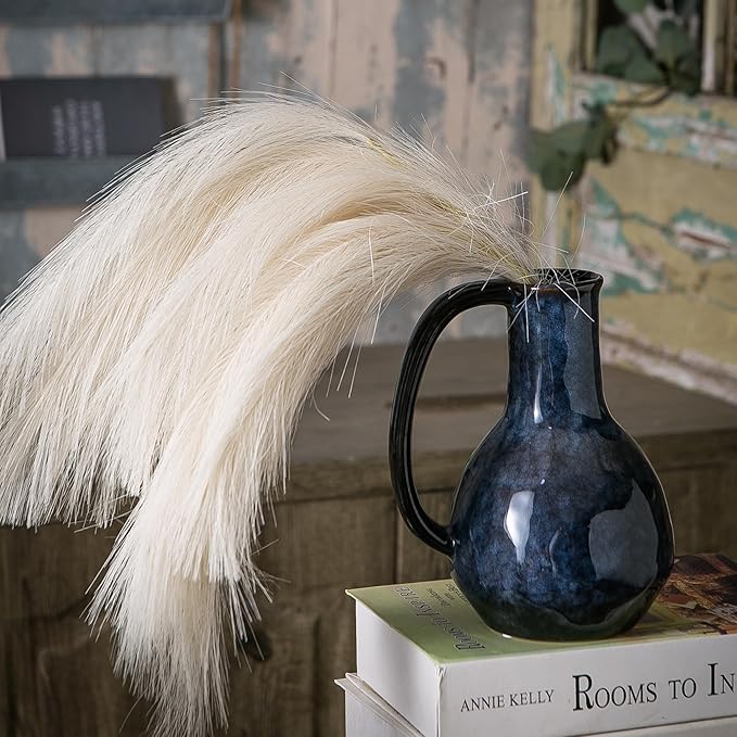 Blue Ceramic Vase with Big Handles, Modern Farmhouse Decor, Rustic Pottery for Flowers, Decorative Terracotta Centerpiece for Dining Table-VerdiqueGarden