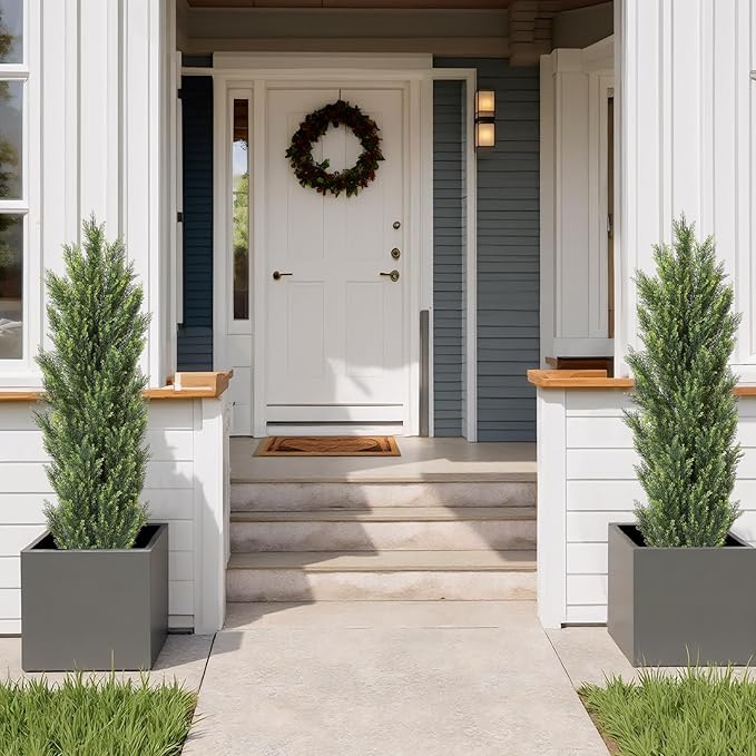 THE BLOOM TIMES 5ft Topiary Trees Artificial Outdoor – UV Resistant Faux Cedar Pine Cypress Bushes and Shrubs, Fake Potted Plants for Front Porch Outside Planter Patio Decor, Set of 2 (5 Foot)-VerdiqueGarden