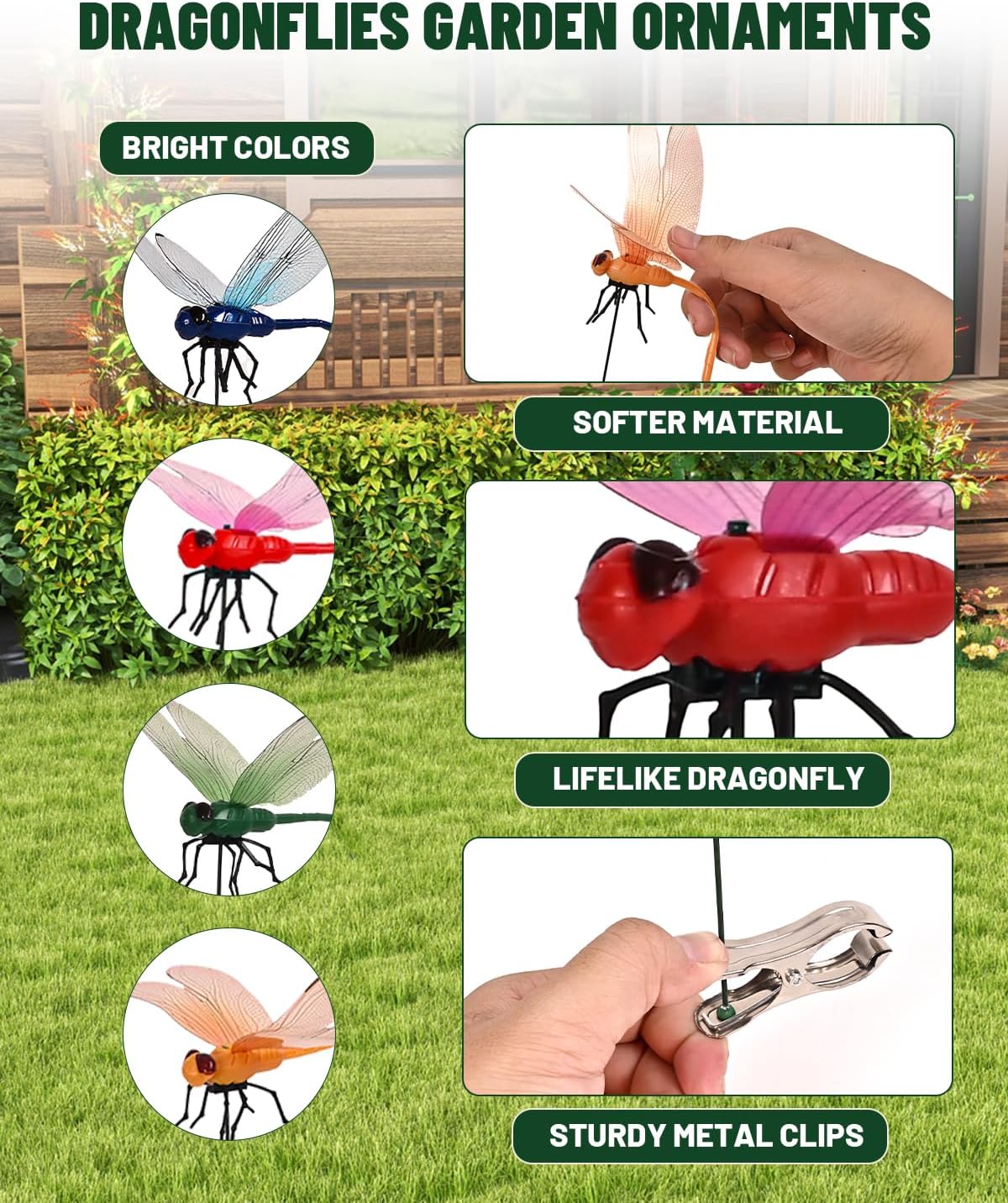12 Pack Fake Dragonflies, Hat Clip Artificial Realistic 3D Dragonflies Garden Stakes Decor and Horse Fly Deterrent, Dragonfly Humming Bird Stakes, Fly Scare Devices for Indoor Outdoor-VerdiqueGarden