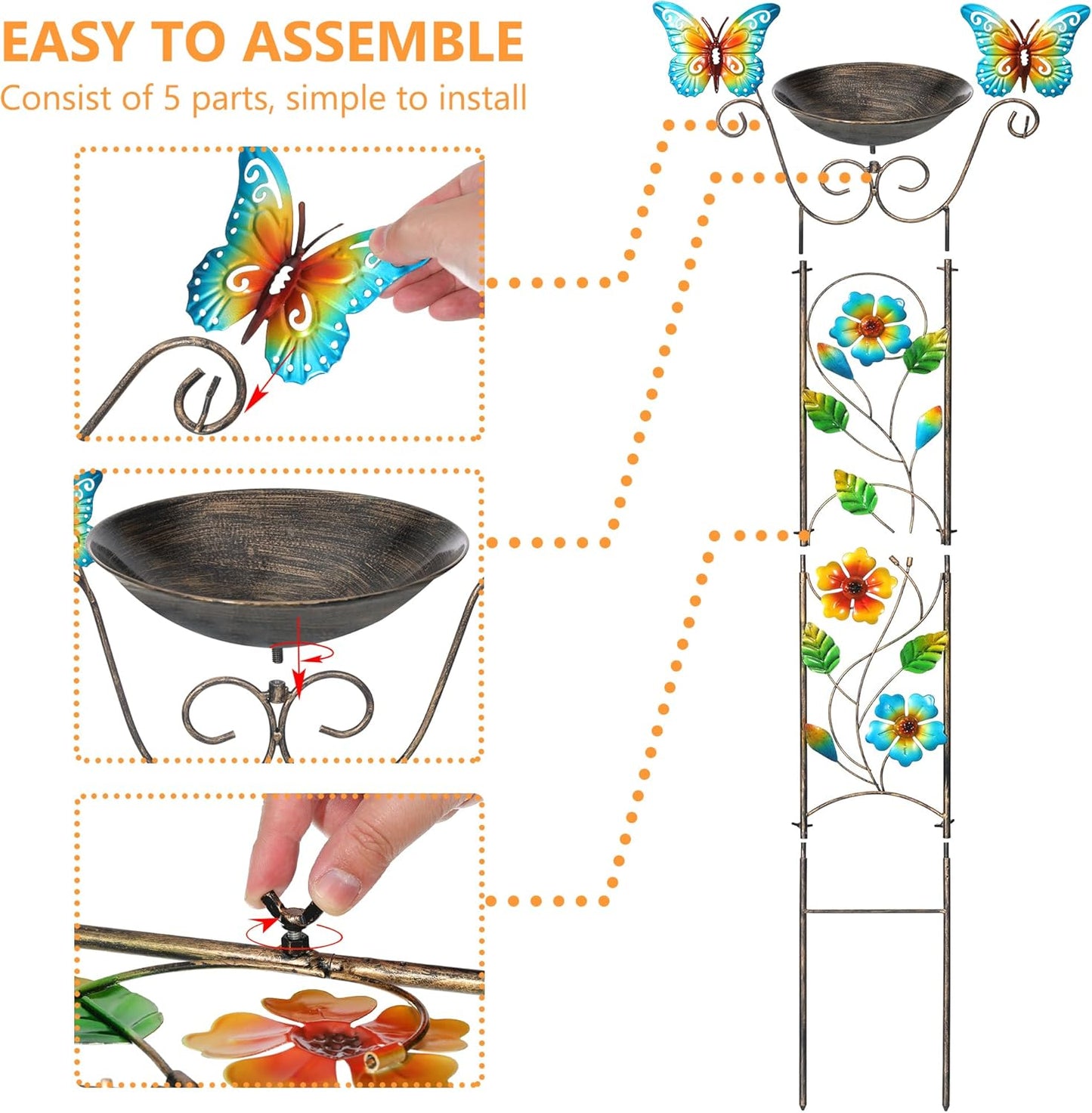 LEWIS&WAYNE Garden Trellis Bird Bath Outdoor, 40 Inch Antique Iron Garden Plant Trellis Decorative with Floral-Butterflies and Detachable Drinking Basin Bowl, Free Standing BirdBath Birdfeeder Station-VerdiqueGarden