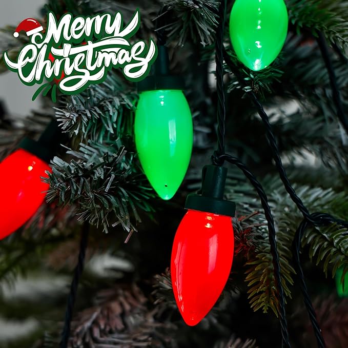 C9 Bulbs Classic Christmas Lights - 50 LED 32ft Strawberry String Light Red&Green - Extendable 8 Modes Funtion with Timer Fairy Lighting for Outdoor, Indoor, Party, Home, Tree Decorations-VerdiqueGarden