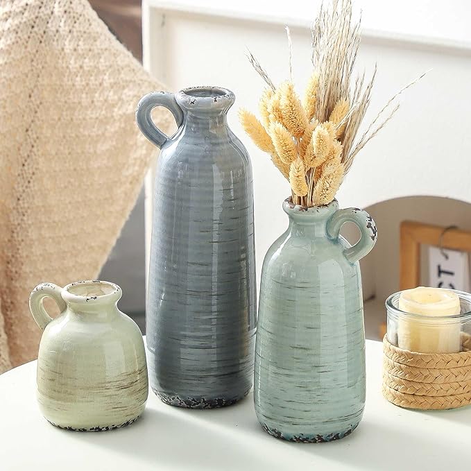 Ceramic Vase Set of 3 | Neutral Vase Home Decor with Handle | Pottery Modern Farmhouse Vases Pampas Grass Flower Vases for Home Decor Table Living Room Centerpieces Mantel Decor - Multicolor-VerdiqueGarden