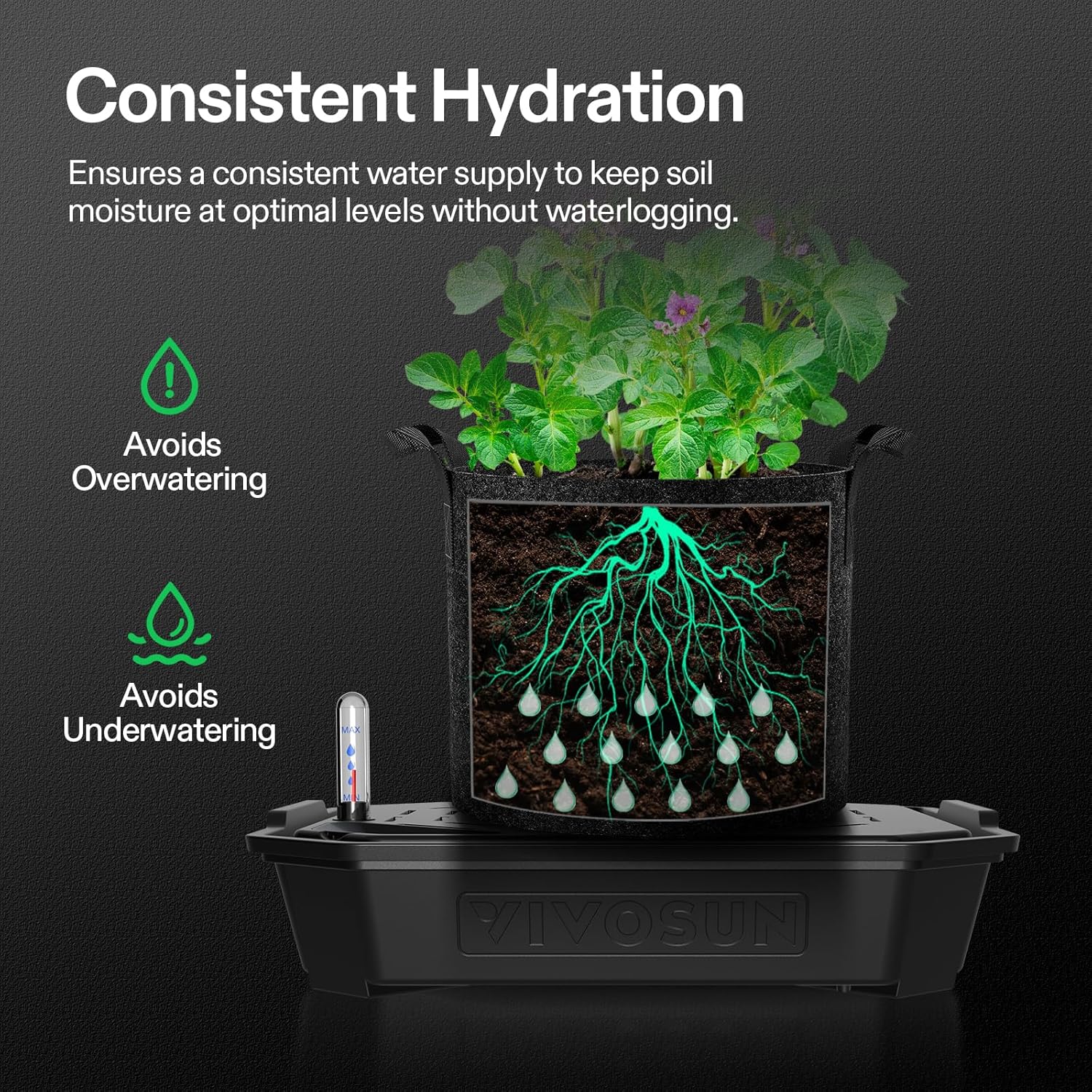 VIVOSUN 4-Pack FlexFeed Self-Watering Pots with Grow Bags, Auto Irrigation Fabric Pot Base with Water Meter & Maintenance Window, for Use Indoors/Outdoors in Grow Tents, Greenhouses, Gardens-VerdiqueGarden