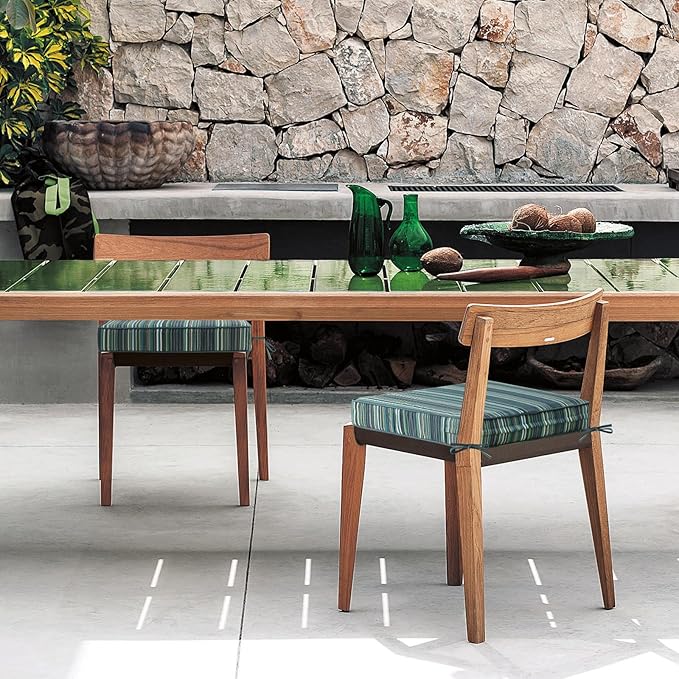 Sunbrella Square Corner Seat Cushions, 19" x 19" x 3", Set of 4, Indoor Outdoor Water Repellent Universal Chair Pads with Ties for Patio Furniture, Garden Deck Dining Chairs, Beach Stripe Lagoon-VerdiqueGarden