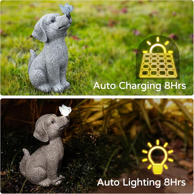 Solar Garden Outdoor Statues Dog with Butterfly Lights, Lawn Decor Puppy Figurine for Patio Balcony Yard, Yard Unique Christmas Birthdays Gift for Mom Grandma-VerdiqueGarden
