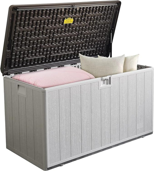 110 Pro Gallon Resin Deck Box, Waterproof Outdoor Storage Bin for Patio, Poolside, and Garden, Lockable & UV-Resistant, Ideal for Small Spaces, Coffee-VerdiqueGarden