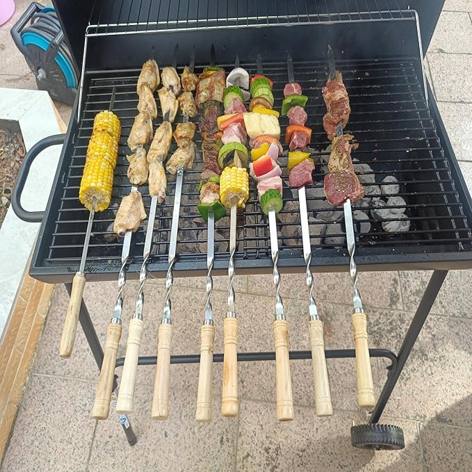 23.6" Large Size Kabob Skewers Flat Metal BBQ Barbecue Skewer Wooden Handle Stainless Steel Shish Kabob Stick Wide Reusable Grilling Set Meat Shrimp Chicken Vegetable Kebab Fork Sausage-12PCS-VerdiqueGarden