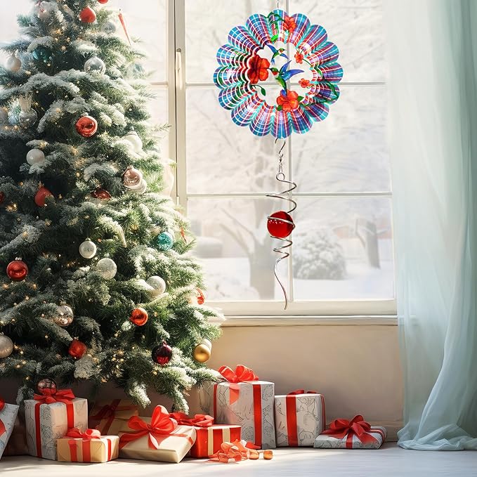 Hummingbird Wind Spinner - Hummingbird Gift for Women Men, Metal Wind Spinners for Outdoor & Indoor Decoration 12in 3D Hanging Bird Wind Catcher Unique Garden Decor Kinetic Yard Art Ornament-VerdiqueGarden