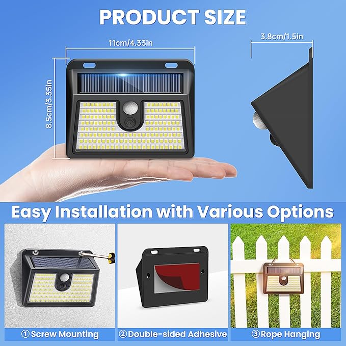 Solar Lights Outdoor Motion Sensor, 2 Pack 149 LED Waterproof Solar Powered Fence Lights, 3 Lighting Modes Security Wall Light for Outside Backyard Deck Garden Door Step Walking Dog, Cold Light 6500K-VerdiqueGarden