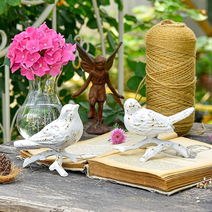 Sungmor Cast Iron Small Bird Statues, Set of 2 Antique White Bird with Branch Collectible Figurines, Farmhouse Home Garden Decorative Bird Sculpture, Realistic Indoor and Outdoor Ornaments-VerdiqueGarden