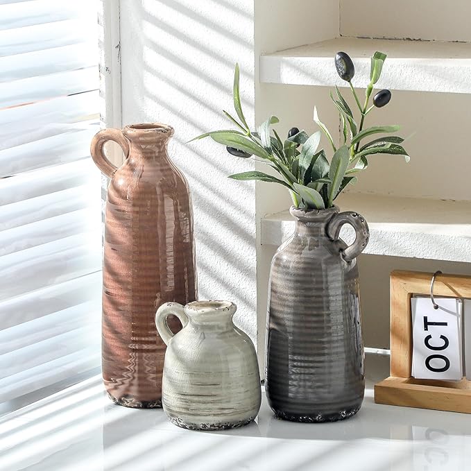 Ceramic Vases Set of 3, Neutral Rustic Farmhouse Vase with Handle, Decorative Flower Vases Home Decor Modern Boho Pampass Vase for Table Mantel Entryway Shelf Living Room Kitchen Bathroom - Brown-VerdiqueGarden