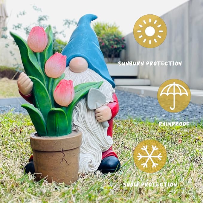 Garden Gnome Statue, Sculpture of a Dwarf Holding a Shovel and a Flower Pot, Solar Gnome Statues Outdoor Decor, Outside Lawn Patio Yard Ornament Gifts-VerdiqueGarden