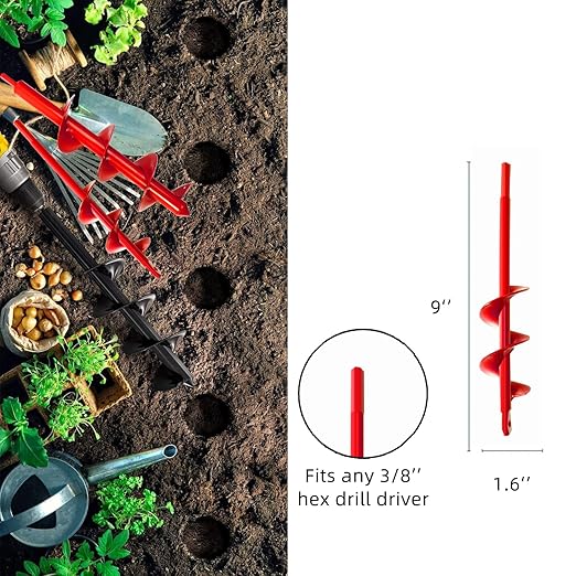 Garden Auger Drill Bit 1.6x9 in for Planting, Ground Earth Spiral Bit for 3/8" Hex Drive, Yard Auger for Bulbs, Hole Digger for Flowers, Bedding Digging Planter Tool-VerdiqueGarden