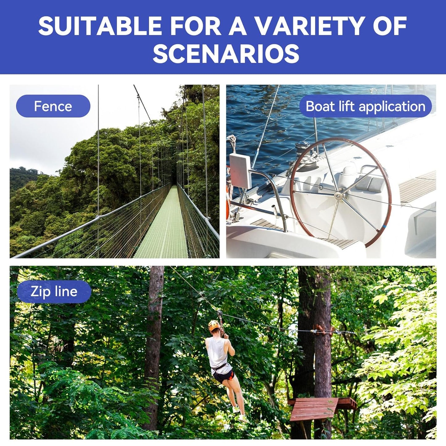 1/4" Stainless Steel Cable,7x19 Strand Aircraft Wire Rope,Cable for Heavy Duty Applications,Zip Iine and Outdoor Pulley Cables,Deck Railing, with Gloves,Breaking Strength 6400 Ibs,150FT-VerdiqueGarden