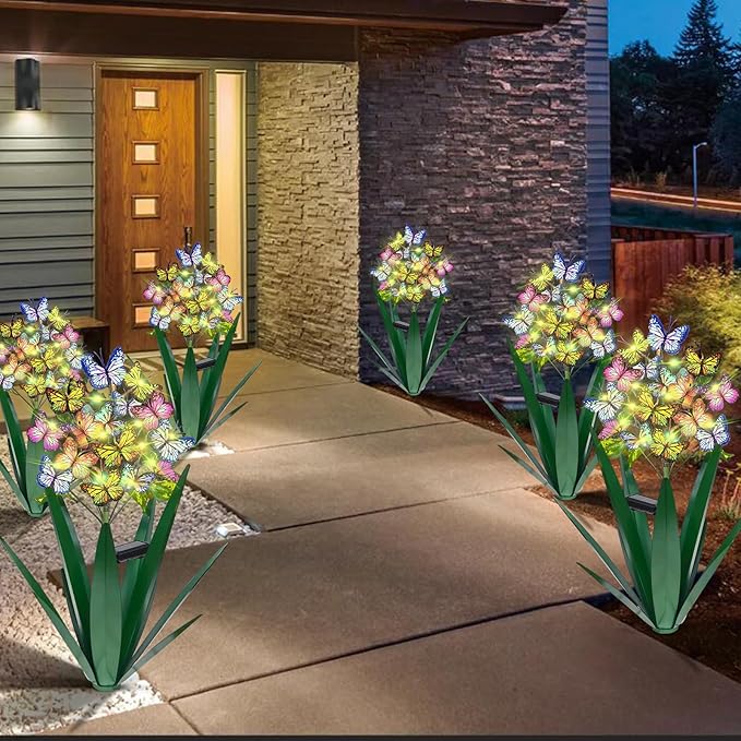 Homight Solar Metal Agave Butterfly Flower Stick Garden Sculpture - Outdoor Christmas Lights With Swaying Butterfly Sunflower - Solar Outdoor Gift (3 PCS Green)-VerdiqueGarden