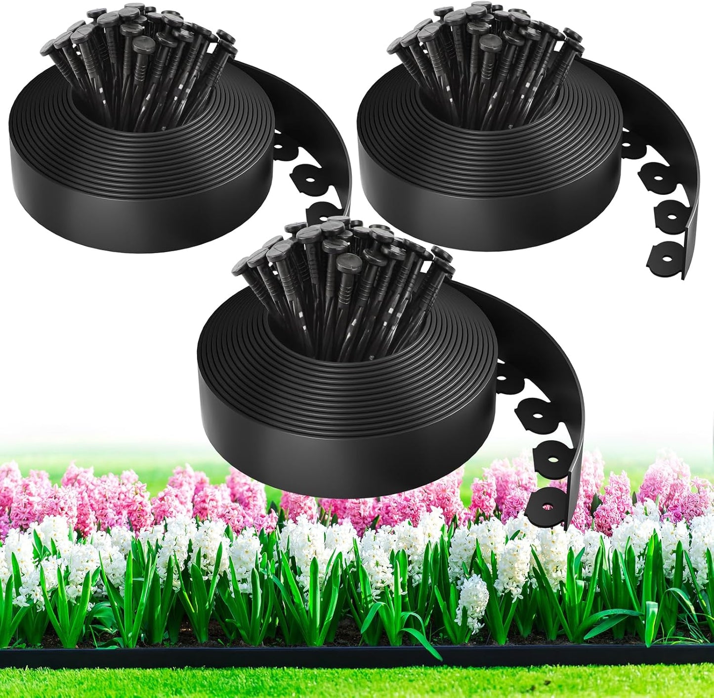 100ft,1.5in Tall Landscape Edging Kit with 150 Spikes, No-Dig Flexible Plastic Edge Border for Landscaping, Lawn, Garden, Flower Beds, Yard, Paver, Playground, Fence, Pathway, Black,3pack, 33ft Each-VerdiqueGarden
