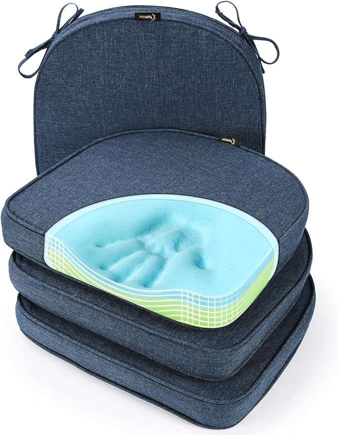 SUNROX Gel Memory Foam Chair Cushions, FadeShield Water-, Stain-Resistant Durable Reversible Seat Cushion Pads with Ties for Indoor/Outdoor Kitchen Dining Office, 19"x19", Set of 4, Heather Indigo-VerdiqueGarden