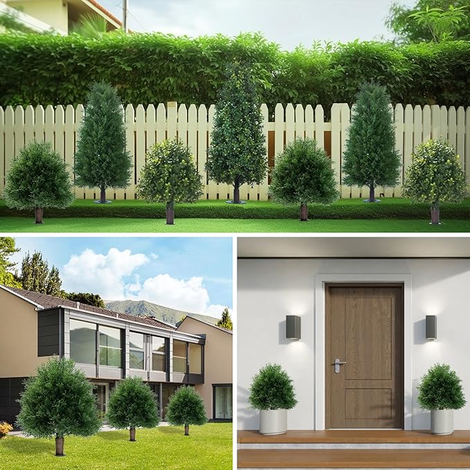 20" Artificial Cedar Topiary Ball Trees with Ground Spike, 2 Pack UV Resistant Artificial Shrubs, Fake Evergreen Artificial Plant Brush for Indoor Outdoor Front Porch Garden-VerdiqueGarden