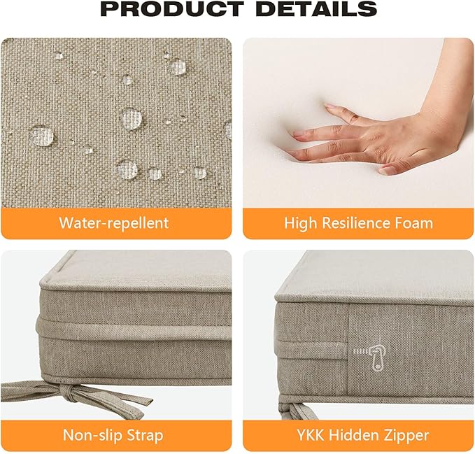 Square Corner Seat Cushions, 19" x 19" x 3", Set of 4, Indoor Outdoor Water Repellent Universal Chair Pads with Ties for Patio Furniture, Garden Deck Dining Chairs, Tan-VerdiqueGarden