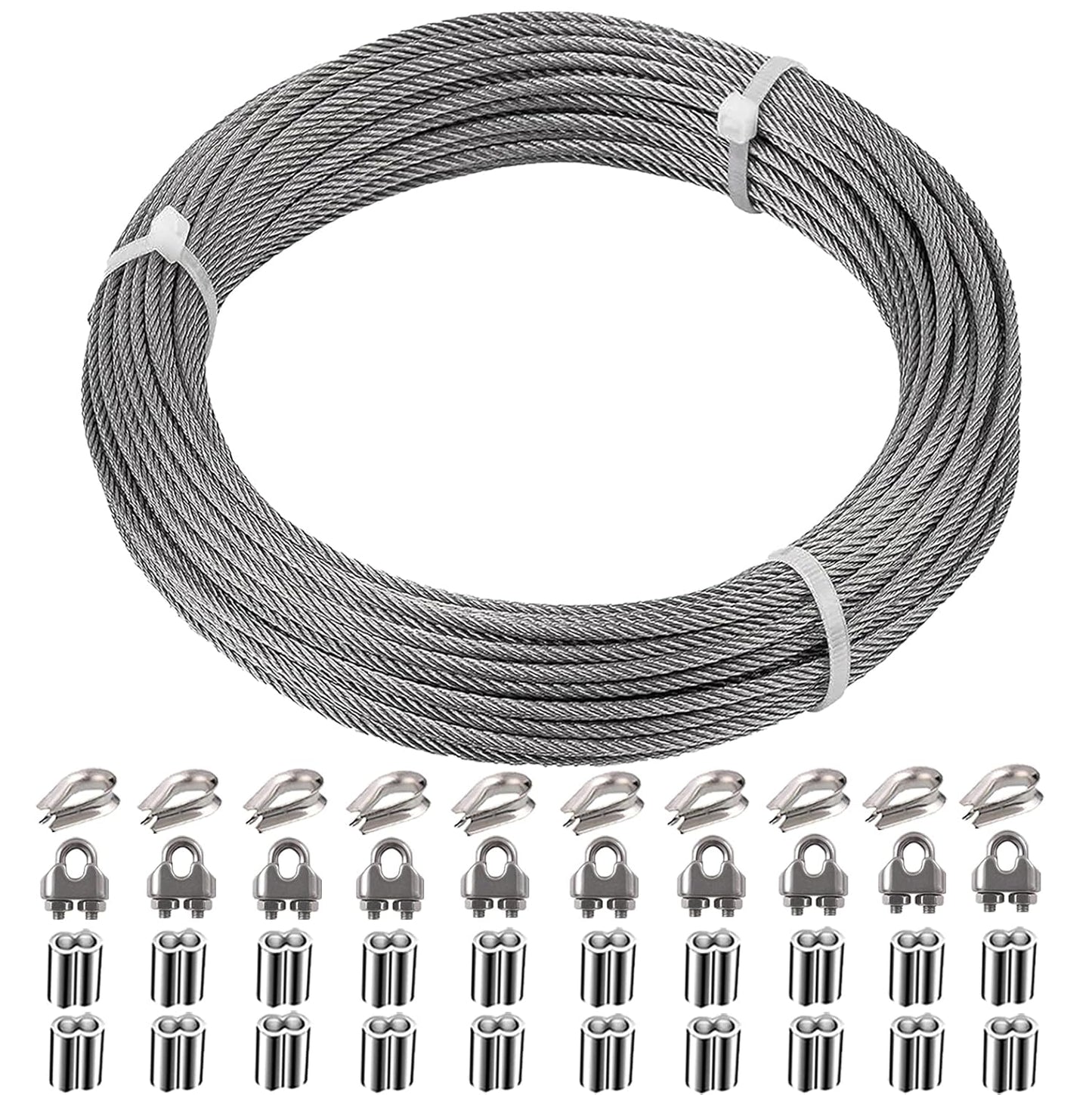 1/8 Inch Stainless Steel Wire Rope Cable Kit,100 ft Length 1/8“ Wire Cable 7x7 Strands with Sleeves, Thimbles, Clips, for Climbing Plants, Deck Railing, Fencing, Outdoor Hanging-VerdiqueGarden