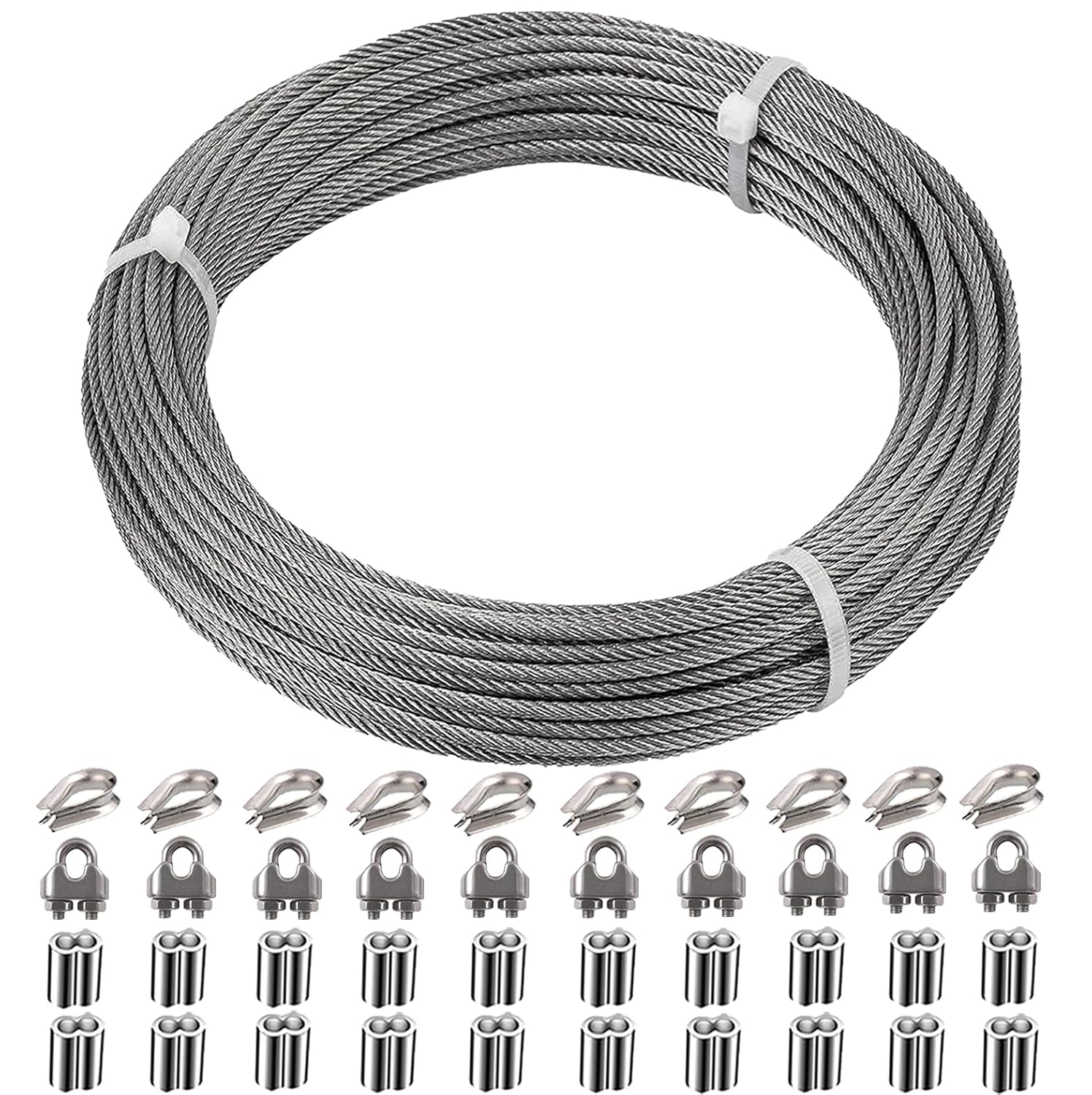 1/8 Inch Stainless Steel Wire Rope Cable Kit,100 ft Length 1/8“ Wire Cable 7x7 Strands with Sleeves, Thimbles, Clips, for Climbing Plants, Deck Railing, Fencing, Outdoor Hanging-VerdiqueGarden