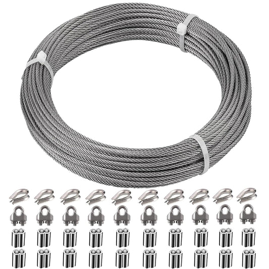 1/8 Inch Stainless Steel Wire Rope Cable Kit,100 ft Length 1/8“ Wire Cable 7x7 Strands with Sleeves, Thimbles, Clips, for Climbing Plants, Deck Railing, Fencing, Outdoor Hanging-VerdiqueGarden