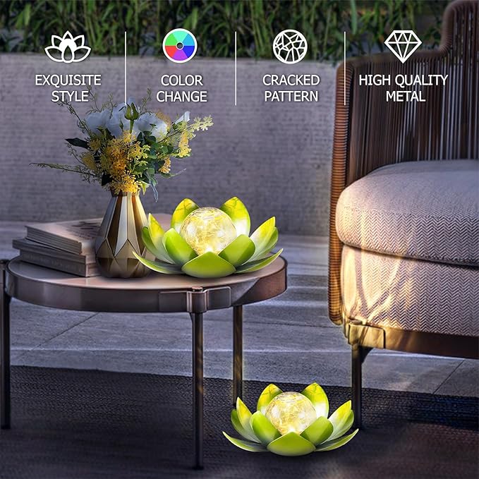 Huaxu Solar Lights Outdoor Garden Decoration Crackle Globe Glass Waterproof LED Metal Green Lotus Flowers Gift for Mom,Women,Patio,Lawn,Walkway,Tabletop,Ground-VerdiqueGarden
