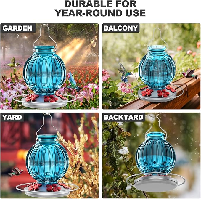 Glass Hummingbird Feeder for Outdoors Hanging, 26Oz Bird Nectar Feeder with Perch & 5 Flower Feeding Ports, Leak Proof for Outside Garden Decor Backyard, Gifts for Women Mom, Blue-VerdiqueGarden