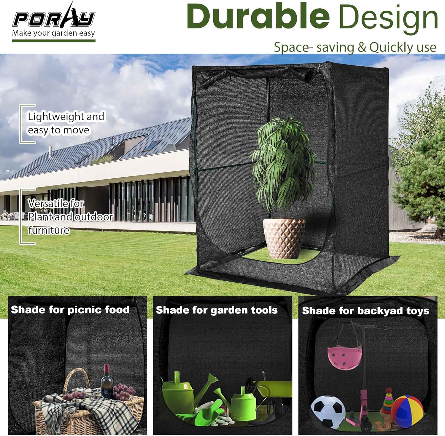 Portable Large 4'x4' Sunshade Cloth Gardening Net,Easy Set up Crops Shade Net 5.7FT Tall Cover, UV Resistant Plant 80% Sunblock for Vegetables,Fruits and Mini Flower Pot with Stakes-VerdiqueGarden