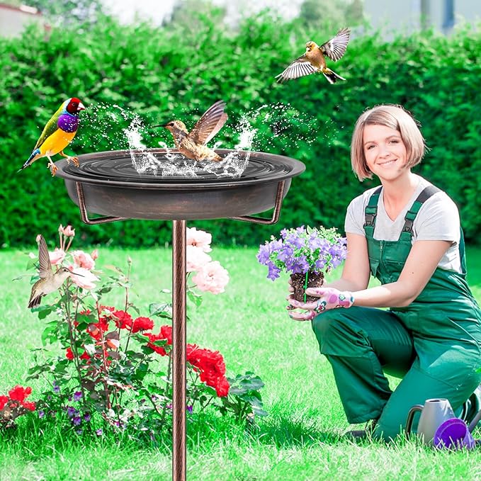 Metal Bird Bath for Outside Garden Birdbath Bowl, 36.2" Height Freestanding Bird Feeders for Outdoors with 4 Prongs Base Stake, Standing Birdfeeders for Yard Lawn Decor (Retro Copper)-VerdiqueGarden