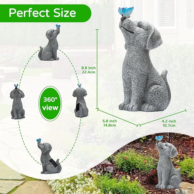 Solar Garden Outdoor Statues Dog with Butterfly Lights, Lawn Decor Puppy Figurine for Patio Balcony Yard, Yard Unique Christmas Birthdays Gift for Mom Grandma-VerdiqueGarden