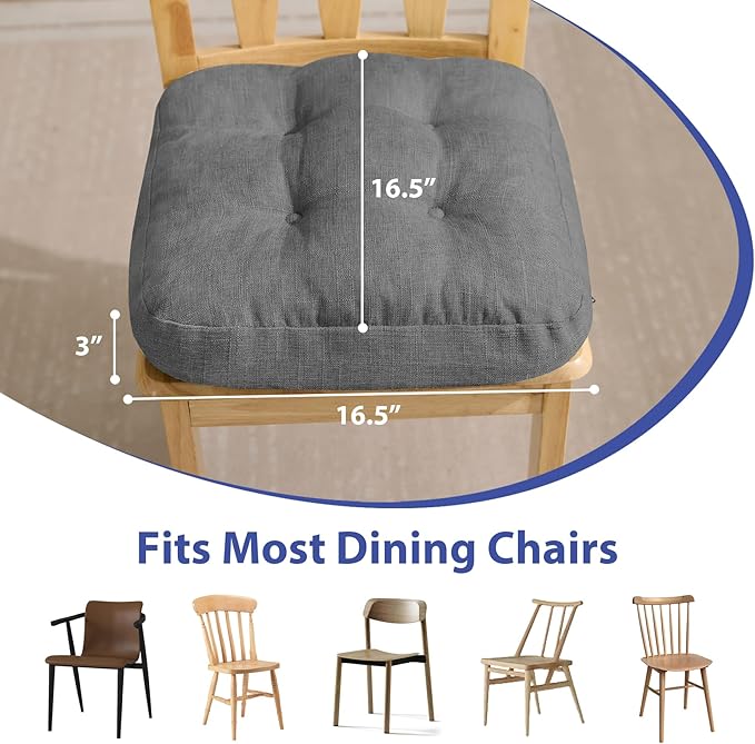 Chair Cushions for Dining Chairs, Dining Chair Cushions, Tufted Indoor Chair Pads with Ties & Non Slip Backing, Seat Cushions for Kitchen Chairs 16.5” x 16.5” x 3.5”, Set of 4, Grey-VerdiqueGarden