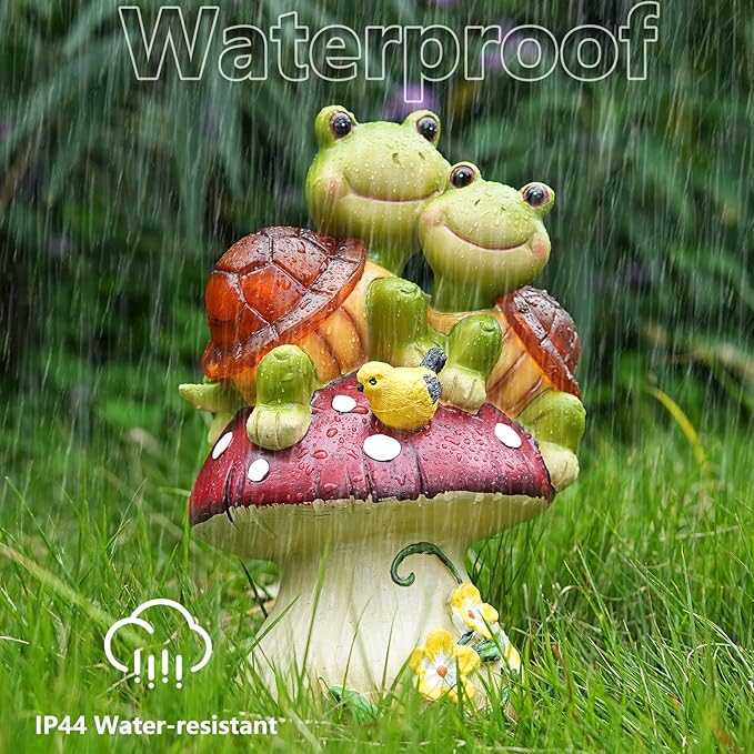 Solar Light Turtle Garden Statue, Turtle on Mushroom Figurine, Lovely Tortoise Garden Statue with 5 LED Lights for Patio, Balcony, Yard, Housewarming, Lawn Ornament, Outdoor Lawn Decor-VerdiqueGarden