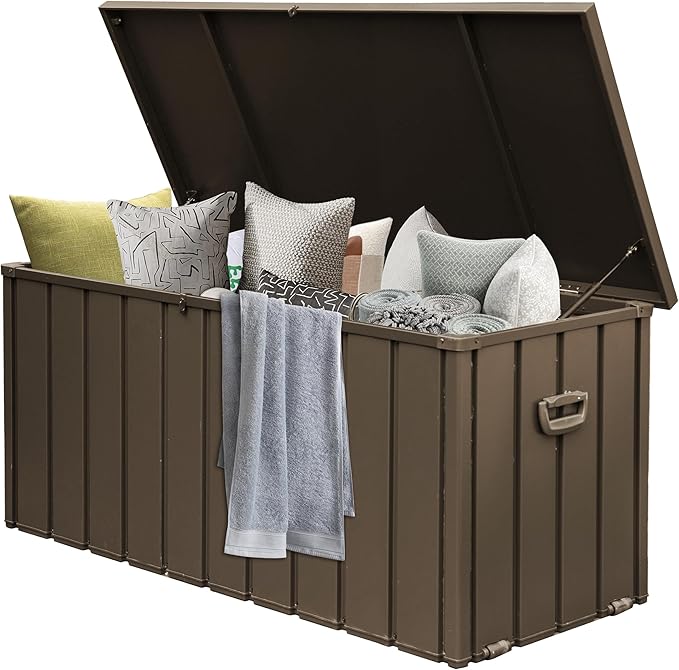 Domi Deck Box 160 Gallon, Waterproof Lockable Steel Outdoor Storage Container for Outside Cushions, Garden Tools and Pools Equipment, Brown-VerdiqueGarden