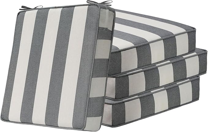 Square Corner Seat Cushions, 18.5" x 16" x 3", Set of 4, Indoor Outdoor Water Repellent Universal Chair Pads with Ties for Patio Furniture, Garden Deck Dining Chairs, Gray Stripe-VerdiqueGarden