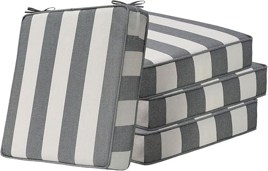 Square Corner Seat Cushions, 18.5" x 16" x 3", Set of 4, Indoor Outdoor Water Repellent Universal Chair Pads with Ties for Patio Furniture, Garden Deck Dining Chairs, Gray Stripe-VerdiqueGarden