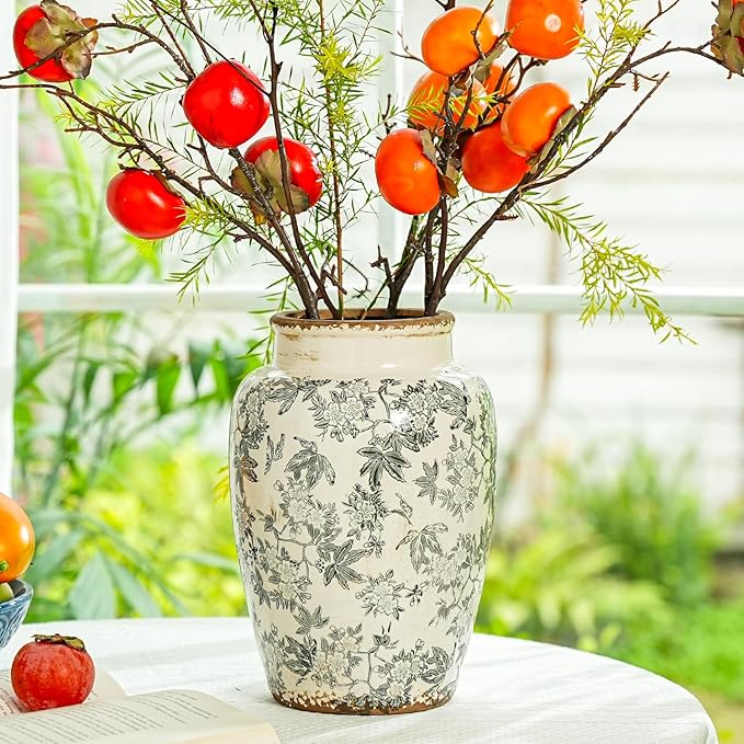 Sungmor Ceramic Flower Vase, Vintage Ice Cracked Glaze Porcelain Vase, Pretty Home Decor Vase for Flower Arrangement, Fresh Flowers, 10.2 Inch Tall Chinoiserie Pottery Vase, Gray Floral Pattern-VerdiqueGarden