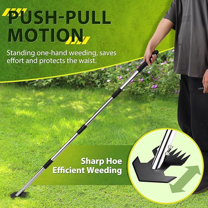 Hoe Garden Tool, Scuffle Garden Hoe for Weeding with 30-60 Inch Steel Long Handle, Dual Use Sharp Gardening Hula Hoe, Adjustable Rocket Shaped Weed Remover Action Hoe-VerdiqueGarden