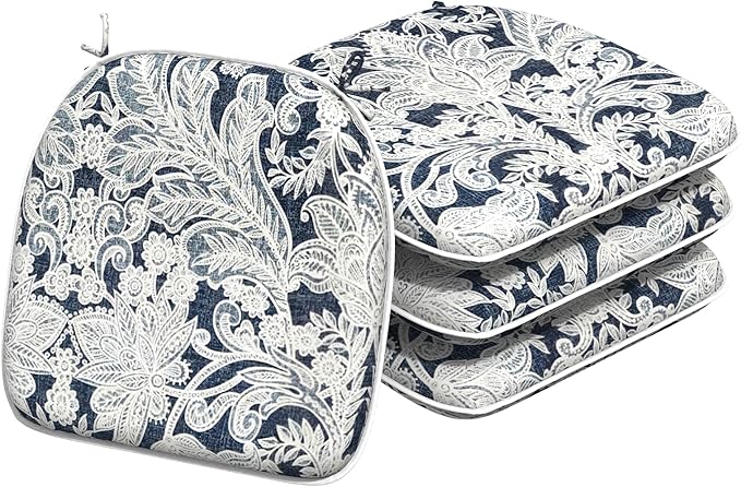 Indoor/Outdoor Chair Cushions 16x17 Inch, Patio Chair Cushions with Ties, All Weather Seat Cushions for Patio Furniture Home Garden Chair Use, Set of 4,Damask Lapis-VerdiqueGarden