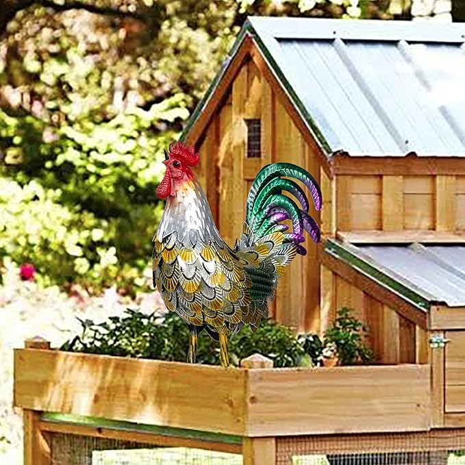 XONOR Metal Rooster Statues, Garden Chicken Decorations, Outdoor Chicken Sculpture, Metal Yard Rooster Artwork for Outdoor, Patio, Backyard and Home Kitchen Decoration (1pc, Vintage Golden)-VerdiqueGarden